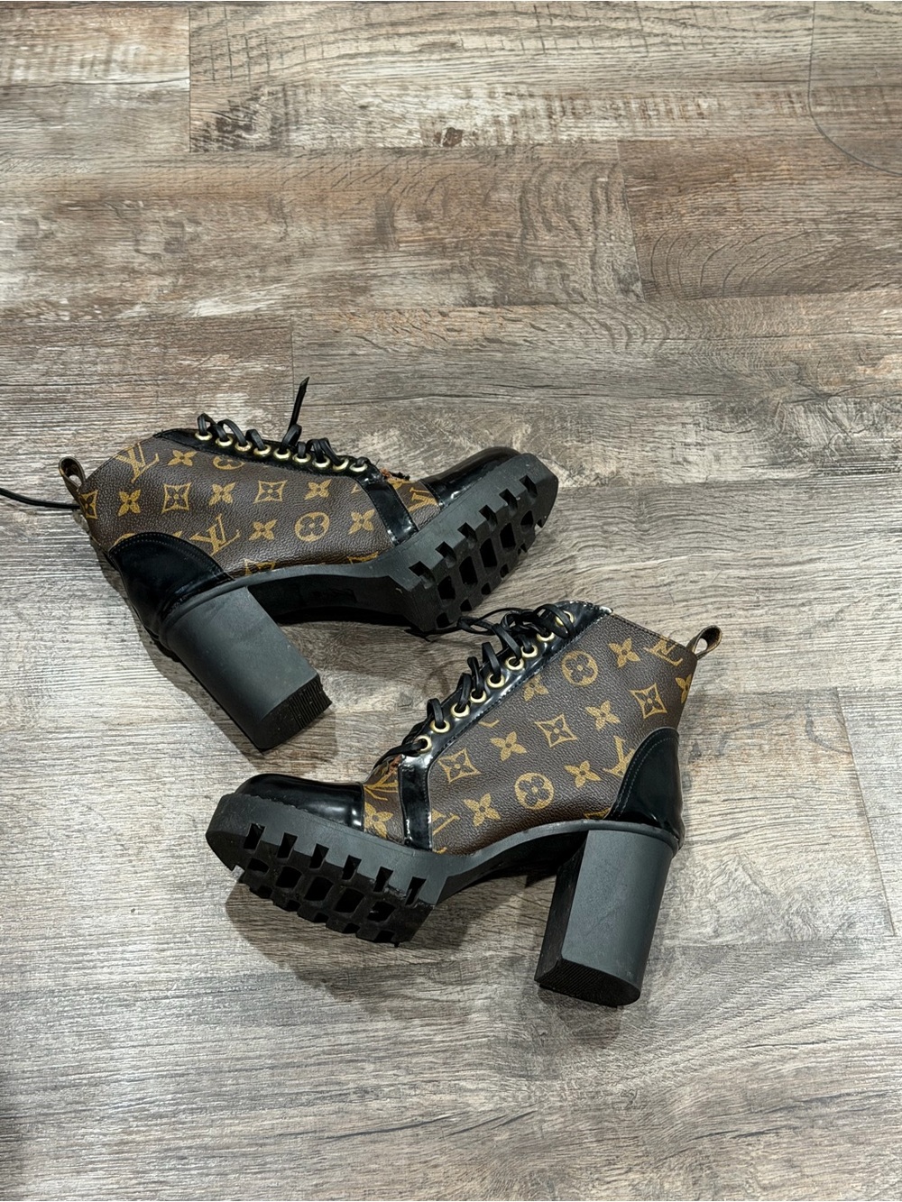 & Other Stories Brown Monogram Lace-Up Platform Ankle Boots